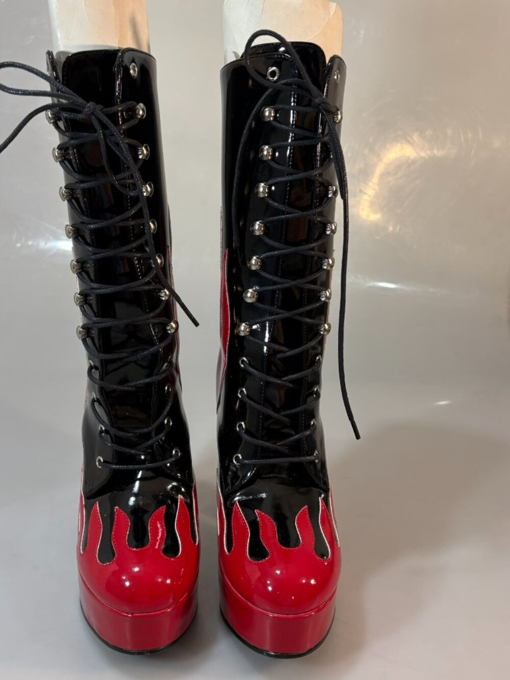 Pleaser 9 Black Red Patent Flame Lace-Up 5" Platform Heels Boots Easy 3010 - Picture 2 of 9